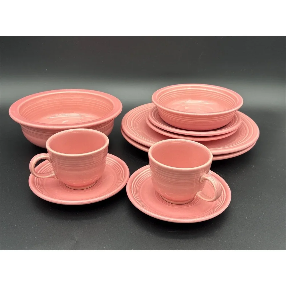 Vintage Fiestaware Rose Pink 10-Piece Lot Retired Color Service for 2 + Bowls